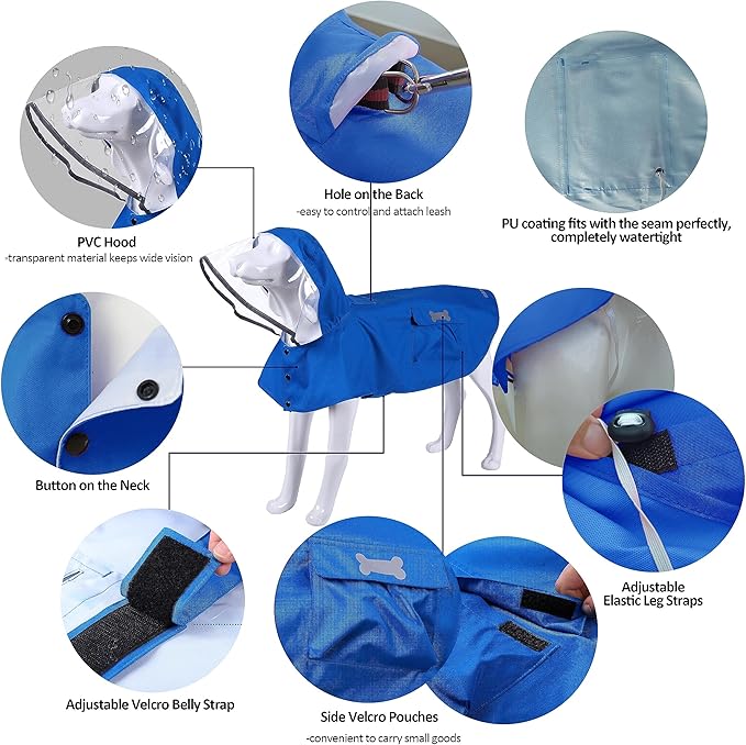 Waterproof Dog Raincoat, Adjustable Reflective Lightweight Pet Rain Clothes with Poncho Hood (Small, Blue)