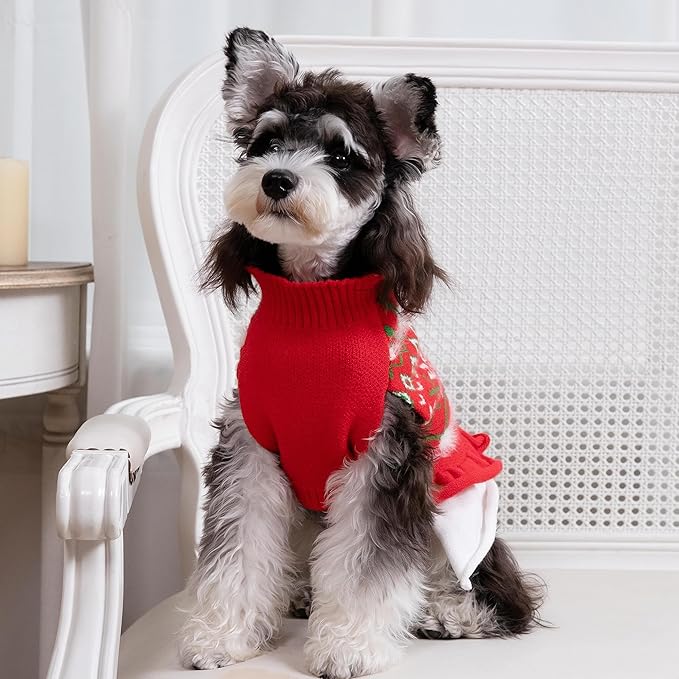 CuteBone Fancy Christmas Dog Sweater Dress, Soft and Stretchy Dog Clothes for Small Medium Dogs Girl, Christmas Snowflake Red Puppy Sweater Pullover Ruffle Dress Pet Outfit Cat Apparel