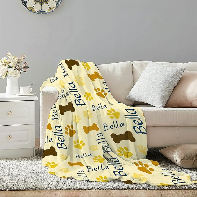 Custom Pet Name Blanket Personalized Dogs Customized Puppy ,Dog Gift for Dog Lovers Mom Dad Cute Paw Prints Soft Flannel Throw Bed Sofa Travel Extra Small 40''x30''