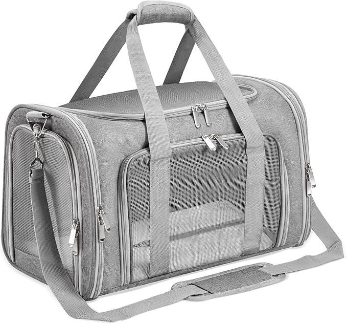 Soft-Sided Cat/Dog/Pet Carrier, Collapsible Pets Travel Carriers for Big Cats/Small Dogs with Shoulder Strap & Removable Mat, Mesh Puppy Carry Bag, Up to 16 Lbs, TSA Airline Approved(Gray)