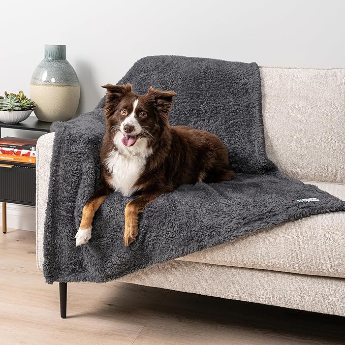 PetAmi Fluffy Waterproof Dog Blanket for Small Medium Dogs, Soft Warm Pet Sherpa Throw Pee Proof Couch Cover, Reversible Cat Puppy Bed Blanket Sofa Protector, Plush Washable Pad (Grey, 24x32)