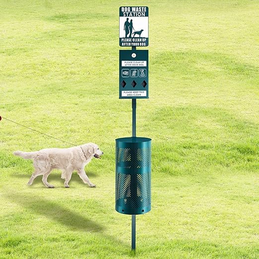 Dog Waste Station Galvanized Steel Outdoor Pet Bin with Poop Bag Dispenser Reflective Sign Rust Proof for Backyard Commercial Park