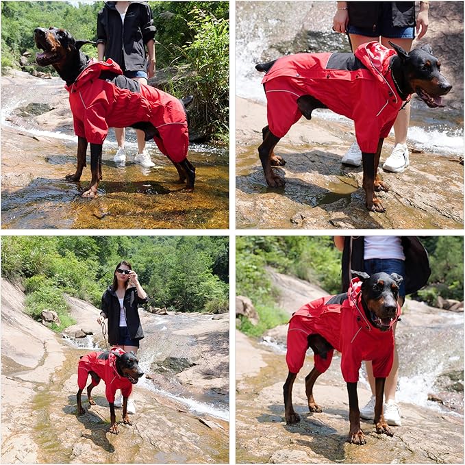 LOVELONGLONG Waterproof Dog Raincoat with Removable Hood – Outdoor Full Body Dog Jacket, Windproof Snowproof Shell Suit – All Season Pet Rain Gear Red L
