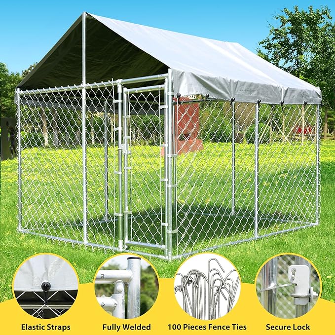 10'x10'x6.56' Large Outdoor Dog Kennel with Roof, Heavy Duty Outside Dog Run Enclosure Dog Pen House Pet Playpen with Galvanized Chain Link, Lockable Door, Waterproof Cover, for Small and Large Dogs