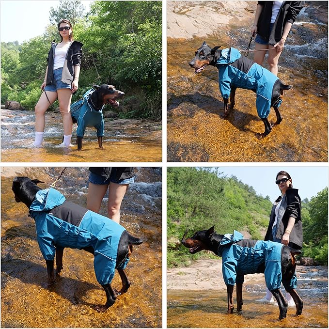 LOVELONGLONG Waterproof Dog Raincoat with Removable Hood – Outdoor Full Body Dog Jacket, Windproof Snowproof Shell Suit – All Season Pet Rain Gear Ocean Teal L