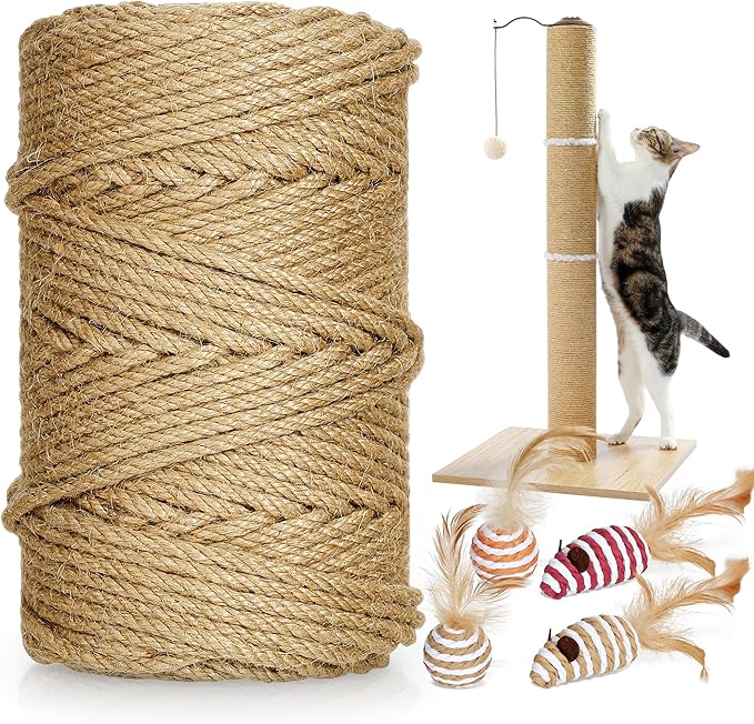 tchrules 328 ft/100 m Sisal Rope for Cat Scratcher, 1/4 inch/ 6 mm Thick Twine for Cat Scratching Post Cat Tree Replacements DIY Craft Projects, Jute Hemp Rope with 4 Random Colors Cat Toys