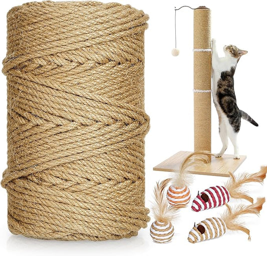 tchrules 328 ft/100 m Sisal Rope for Cat Scratcher, 1/4 inch/ 6 mm Thick Twine for Cat Scratching Post Cat Tree Replacements DIY Craft Projects, Jute Hemp Rope with 4 Random Colors Cat Toys