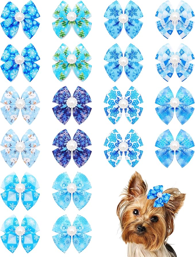 PET SHOW 20 Pack Winter Dog Hair Bows with Alligator Clips for Small Medium Dogs Snowflake Bowknot Hair Clips Cat Puppy Yorkshire Rhinestone Grooming Hair Accessories for Party Costumes