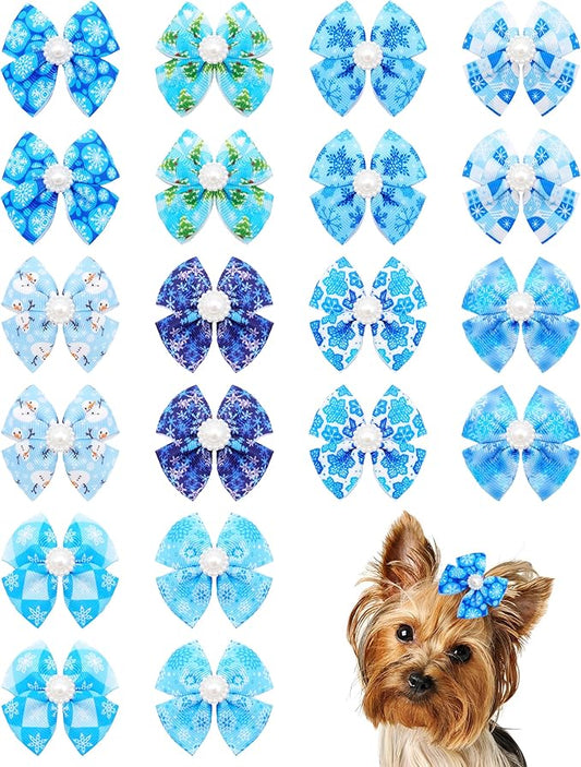 PET SHOW 20 Pack Winter Dog Hair Bows with Alligator Clips for Small Medium Dogs Snowflake Bowknot Hair Clips Cat Puppy Yorkshire Rhinestone Grooming Hair Accessories for Party Costumes