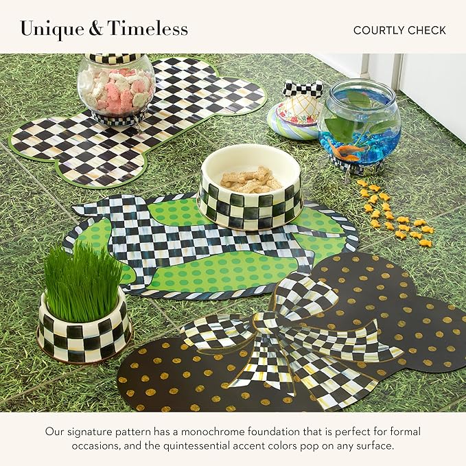 MACKENZIE-CHILDS Pup Placemat, Cute Pet-Food Mat for Dog Bowls and Cat Bowls, Black-and-White Courtly Check