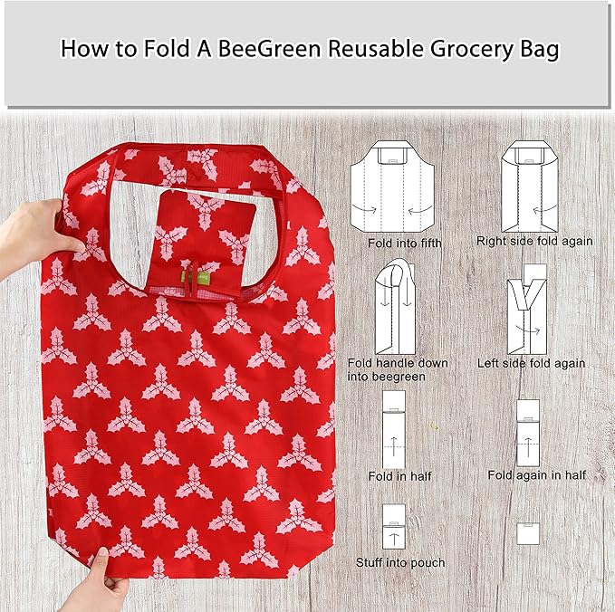 BeeGreen Christmas Red Reusable Grocery Bags 12 Pack with Storage Pouch & Elastic Band Gift Bags Shopping Tote Bags Bulk Ripstop 50LBS Extra Large Foldable Machine Washable