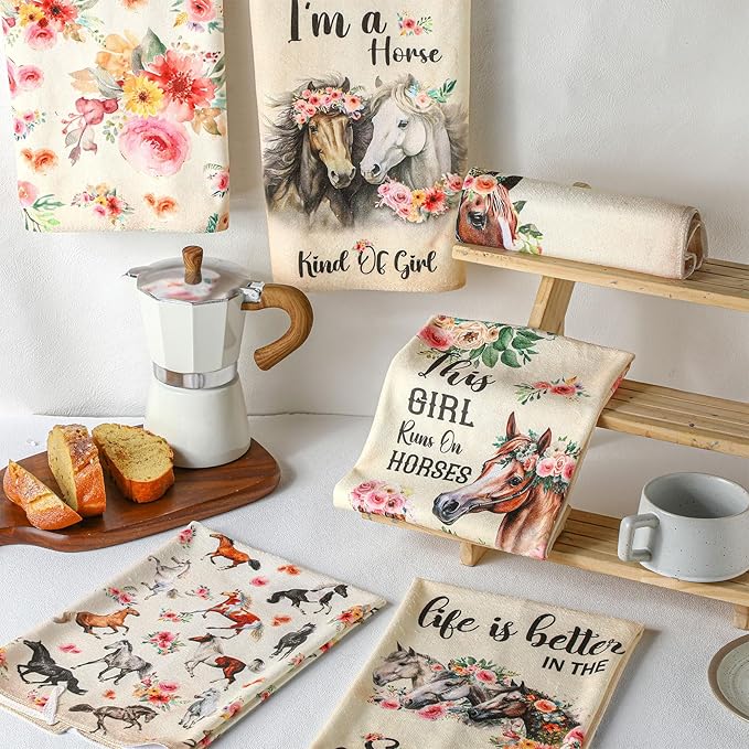 TecUnite 6 Pcs Horse Kitchen Towels Set Funny Floral Tea Towels Gifts for Horse Lovers Dish Towels Decorative Horse Hand Towel for Bathroom Cleaning Drying Tasks Women Mom Housewarming Gifts Decor