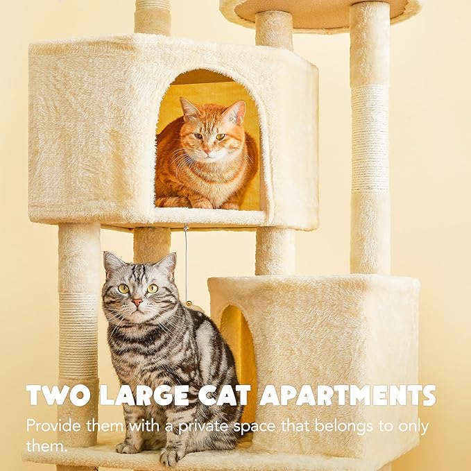 Cat Tree for Indoor Cats - 63in Multi-Level Large Cat Tower with 2 Big Cat Condos, 2 Padded Perches, Hammock, 6 Sisal-Covered Scratching Post and Toys for Kittens Pet Play House, Beige
