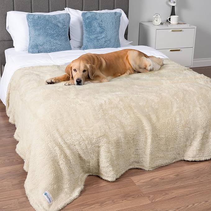 PetAmi Fluffy Waterproof Dog Blanket for Bed Large Dogs, Soft Warm Pet Sherpa Throw Pee Proof Couch Cover, Reversible Cat Blanket Sofa Crate Kennel Protector, Washable Mat (Beige Cream, 60x80)