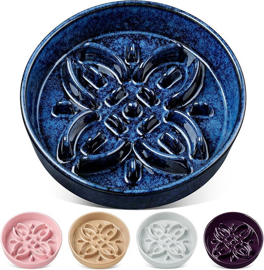 vancasso Ceramic Slow Feeder Dog Bowls, Puzzle Dog Food Bowls with Floral Maze, Anti -Slip Pet Food Dish for Large Breed, 3 Cups, Blue