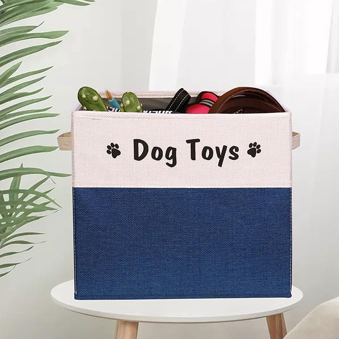 PET ARTIST Large Dog Toy Basket, Foldable Dog Toy Bin Box for Living Roon Area, Collapsible Storage Baskets with Comfortable Handles for Pet Coat,Accessories, Navy Blue, 15"x13"x12"