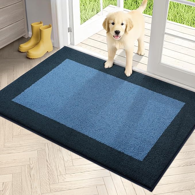 PURRUGS Dirt Trapping Door Mat 32" x 48", Non-Slip/Skid Machine Washable Entryway Rug, Shoes Scraper, Throw Rug, Super Absorbent Area Rug for Muddy Wet Shoes and Paws, Light Blue & Navy