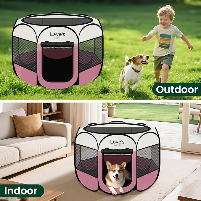 Love's cabin Pet Puppy Dog Playpen, Small Dog Tent Crates Cage Indoor/Outdoor, Portable Playpen for Cat, Foldable Pop Up Dog Kennel Playpen with Carring Case, Removable Zipper Top, Pink