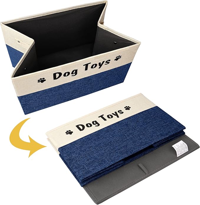 PET ARTIST Dog Toy Basket, Foldable Dog Toy Bin Box for Living Roon Area, Collapsible Storage Basket with Comfortable Handles for Pet Coat, Accessories, Navy Blue, 15"x11"x9"