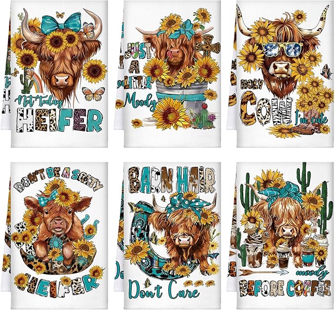 TecUnite 6 Pcs Highland Cow Kitchen Towels Set Funny Highland Cattle Tea Towels Absorbent Sunflower Dish Towels Western Farm Cattle Hand Towel for Cleaning Drying Women Mom Housewarming Gifts Decor