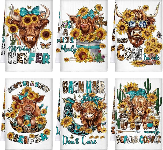 TecUnite 6 Pcs Highland Cow Kitchen Towels Set Funny Highland Cattle Tea Towels Absorbent Sunflower Dish Towels Western Farm Cattle Hand Towel for Cleaning Drying Women Mom Housewarming Gifts Decor