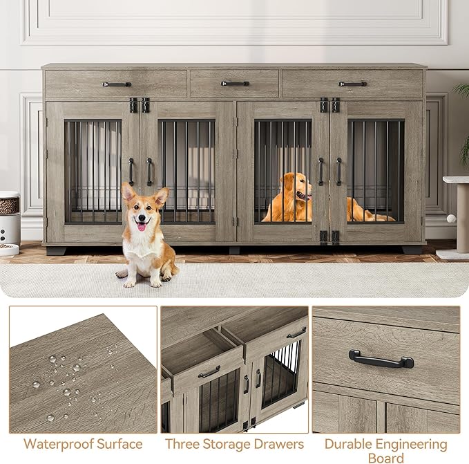 Dog Crate Furniture, 71'' XXL Indoor Dog Kennel for 2 Dogs with 3 Drawers and Removable Room Divider, Wooden Double Dog CrateTV Stand End Table with Double Doors for Large Medium Dogs, Grey