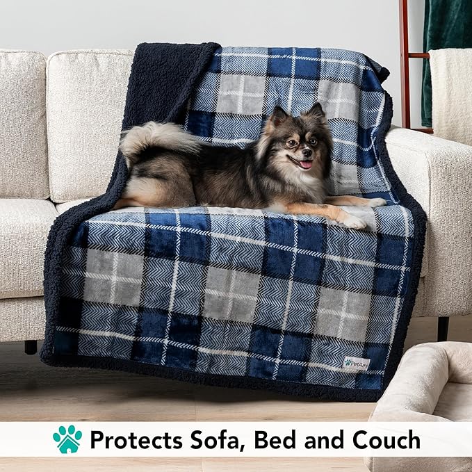 PetAmi Dog Blanket for Medium Large Dogs, Pet Bed Blanket Cat Puppy Kitten, Fleece Furniture Couch Cover Protector Sofa Car, Soft Sherpa Dog Throw Plush Reversible Washable, 40x60 Plaid Navy Blue