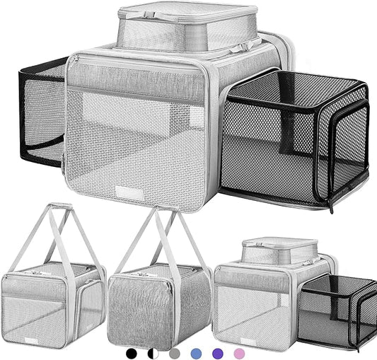 Top and 2 Sides Expandable Cat Carrier 17x11x11, TSA Airline Approved Dog Carriers for Medium Dogs, Soft-Sided Pet Carrier with Self-Locking Zippers for Kitten,Rabbit, Puppy, Guinea Pig Grey