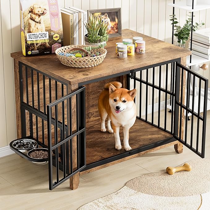 Lulive Dog Crate Furniture, Wooden Dog Kennel Indoor with Adjustable 360°& Height Dog Bowls, Double Doors Furniture Dog Crates End Table for Small/Medium 31.5" L*22.5" W*25.6" H, Brown