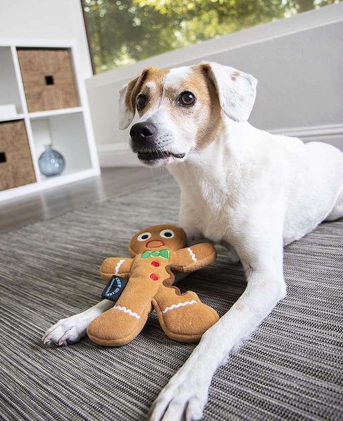 goDog Christmas Gingerbread Man Squeaky Plush Dog Toy, Chew Guard Technology - Brown, Large