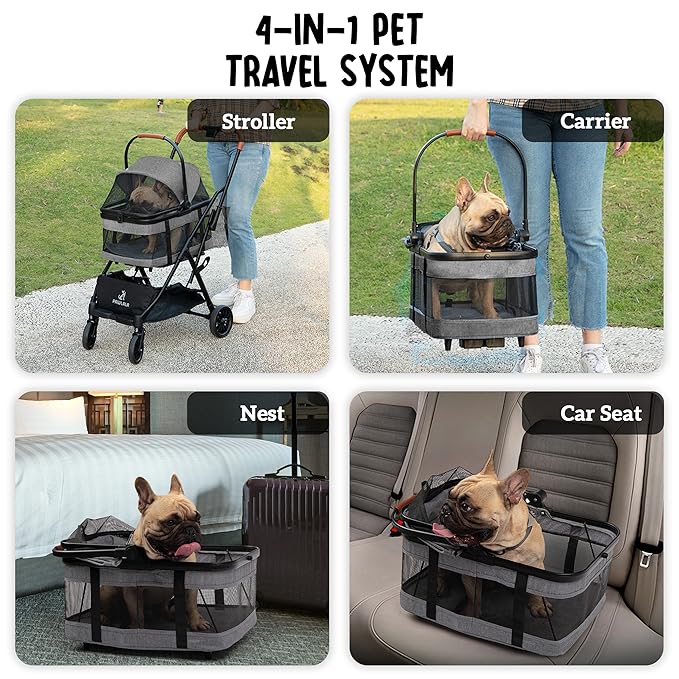 Pet Stroller with Detachable Carrier - Ideal for Small to Medium Dogs & Cats - Compact & Convenient Design - Easy Assembly Pet Stroller for Cats, Dog Strollers for Small Dogs - Metallic Gray