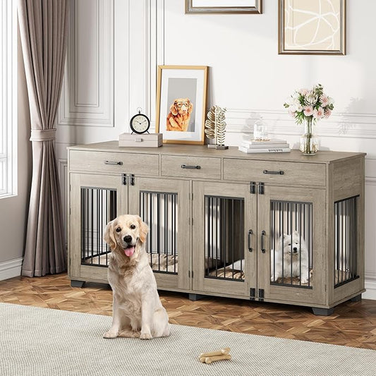 Dog Crate Furniture, 71'' XXL Indoor Dog Kennel for 2 Dogs with 3 Drawers and Removable Room Divider, Wooden Double Dog CrateTV Stand End Table with Double Doors for Large Medium Dogs, Grey