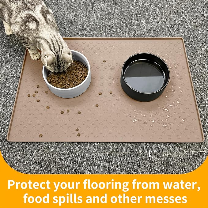 Ptlom Dog Food Mat Anti-Slip Bowl Mats for Food and Water, Waterproof Pet Placemat with High Raised Edges, Silicone Puppy Feeding Tray for Small, Medium Large Dogs Cats, Taupe, 31.5" 23.6"
