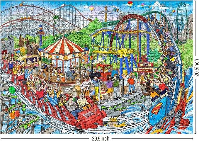 ANTELOPE 3 in 1 1000 Piece Puzzle Bundle - Dog Park, Drive in Movie, Roller Coaster - 1000 Piece Jigsaw Puzzle, Cartoon Style, 15 Years and Up