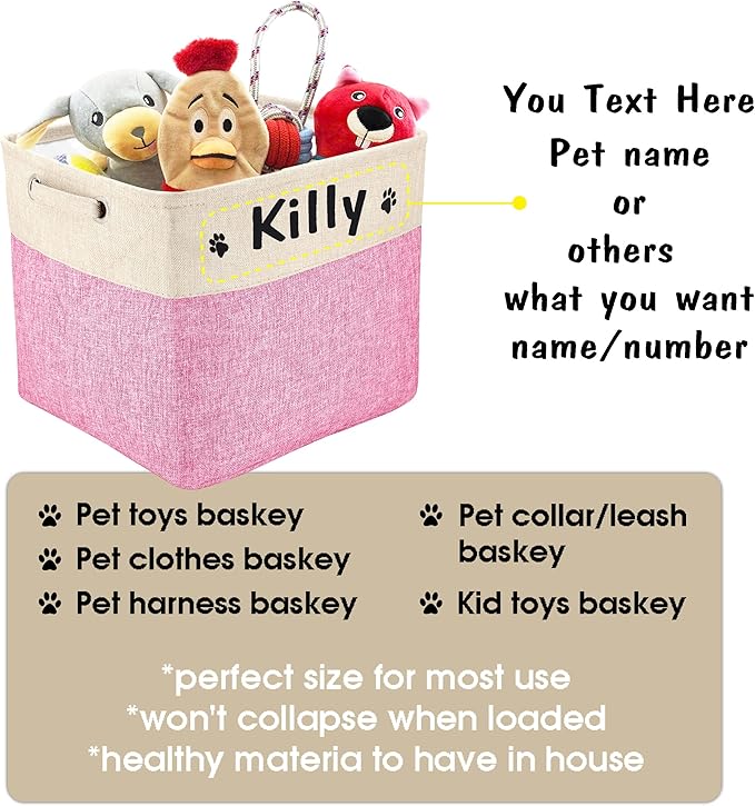 PET ARTIST Collapsible Dog Toy Storage Basket Bin with Personalized Pet's Name - Rectangular Storage Box Chest Organizer for Dog Toys,Clothing,Apparel & Accessories (Pink Big One)
