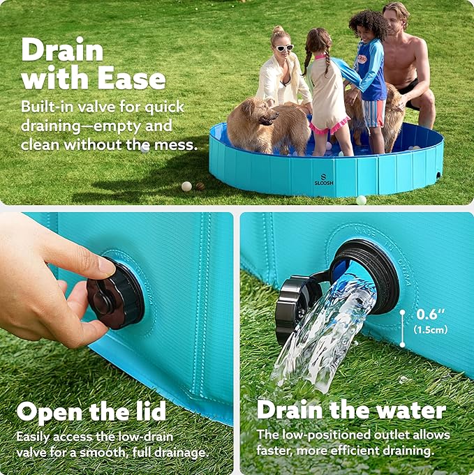 SLOOSH Foldable Dog Kiddie Pool - Portable Hard Plastic Doggie Swimming Pool, Anti-Slip Collapsible Pets Bath Tub Suitable for Kids Toddler Indoor Outdoor Backyard Use (Blue, 71" x 12")