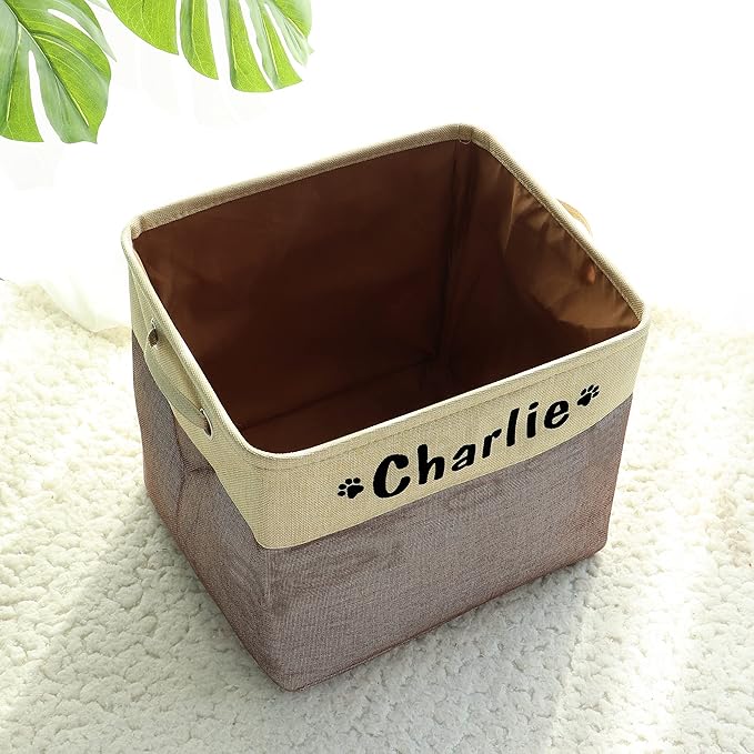 PET ARTIST Collapsible Toy Storage Basket Bin With Personalized Pet's Name - Rectangular Box Chest Organizer for Dog Toys, Clothing, Apparel & Accessories (Coffee Big One)