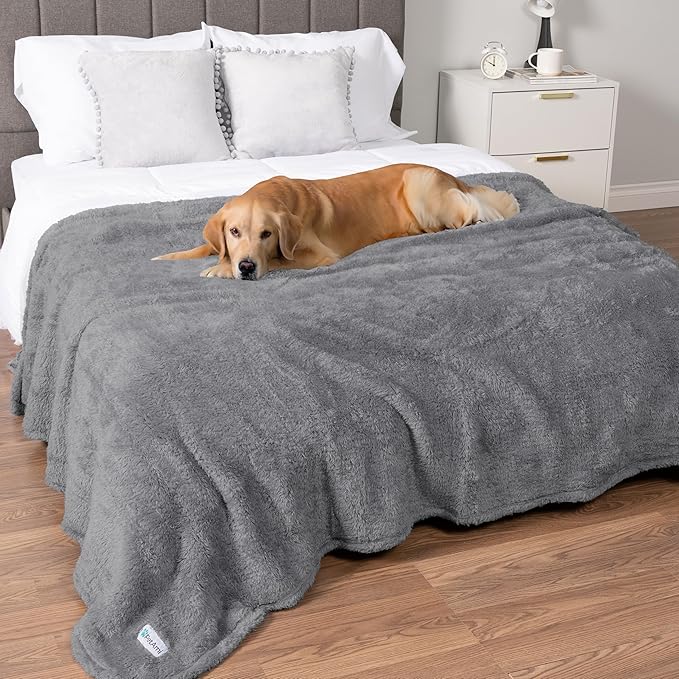 PetAmi Fluffy Waterproof Dog Blanket for Bed Large Dogs, Soft Warm Pet Sherpa Throw Pee Proof Couch Cover, Reversible Cat Blanket Sofa Crate Kennel Protector, Washable Mat Queen (Light Grey, 90x90)