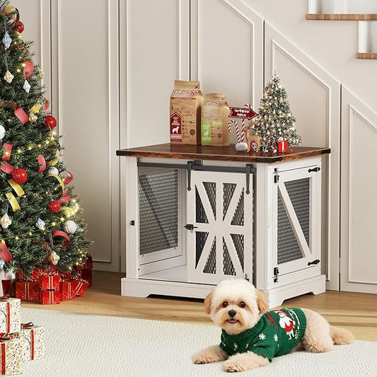 VOPEAK 27.5" Small Dog Crate Furniture, Chew Resistant Dog Crate for Puppy Dogs, Heavy Duty Small Dog Crate Dog Kennel Indoor with Double Doors, Wooden End Table for Bedroom Living Room, White