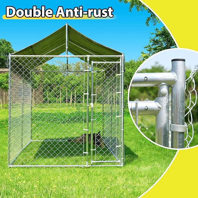 Large Dog Kennel Outdoor, Outside Dog Run Enclosure Heavy Duty Galvanized Steel Chain Link Metal Dog Pen House with Lockable Door and Water-Resistant Roof, for Medium and Large Dogs(10'x6'x7.65')