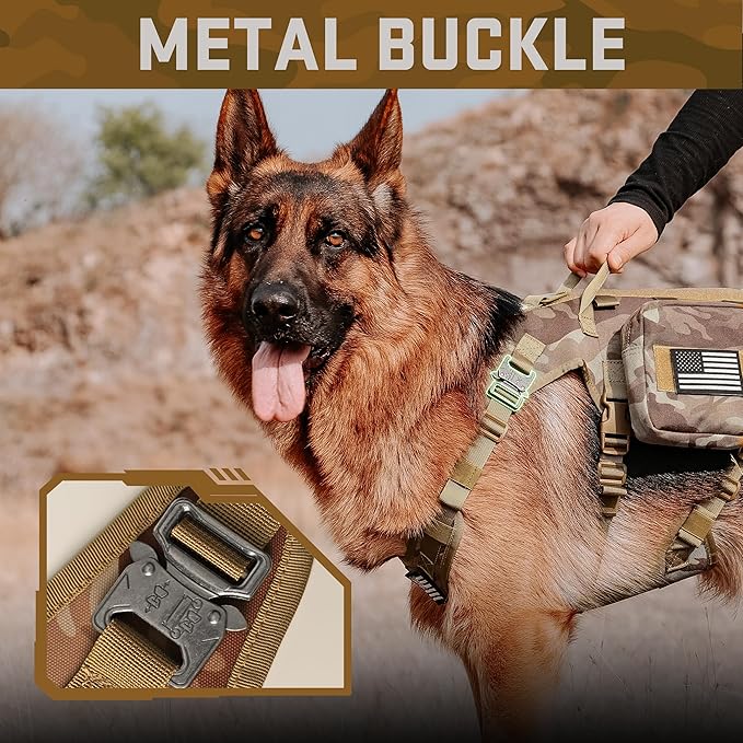 Forestpaw Tactical Dog Harness Tactical Dog Collar with Bungee Leash Set,No Pull Military Dog Harness for Walking Training,Adjustable for Medium Large Dogs,Camouflage Brown,Chest 21.5-45"