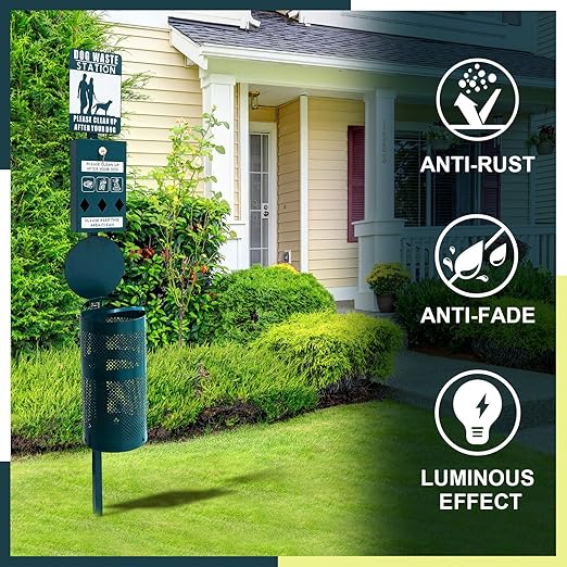 Dog Waste Station Galvanized Steel Outdoor Pet Bin with Poop Bag Dispenser Reflective Sign Rust Proof for Backyard Commercial Park