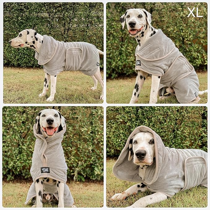 Tuff Pupper Fast Drying Dog Bath Robe | 800 GSM Plush Dog Towel Bathrobe/Dressing Gown | Super Absorbent Pet/Puppy Bathrobe | Adjustable Hood & Belly Strap | Super Soft | Fast Drying (XL, Gray)