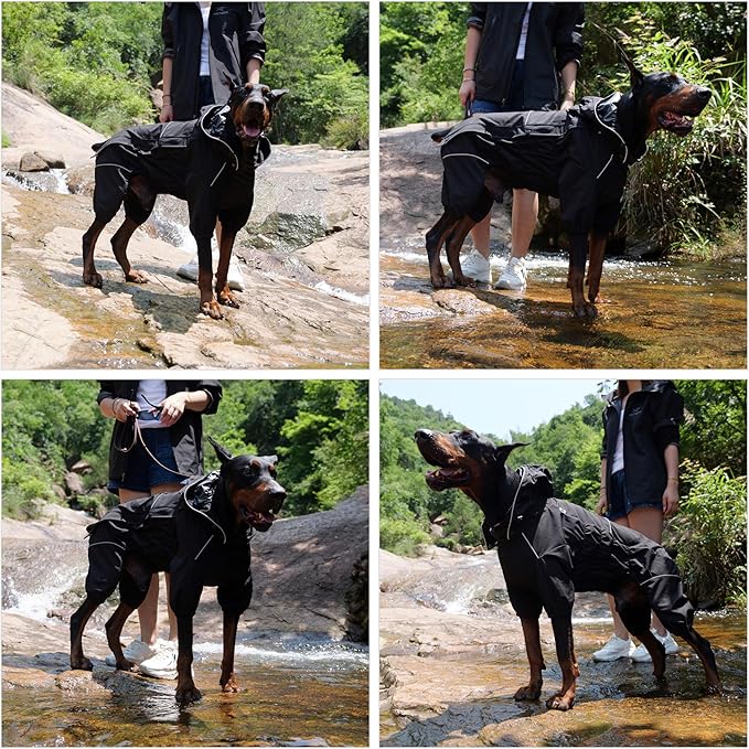 LOVELONGLONG Waterproof Dog Raincoat with Removable Hood – Outdoor Full Body Dog Jacket, Windproof Snowproof Shell Suit – All Season Pet Rain Gear Black S