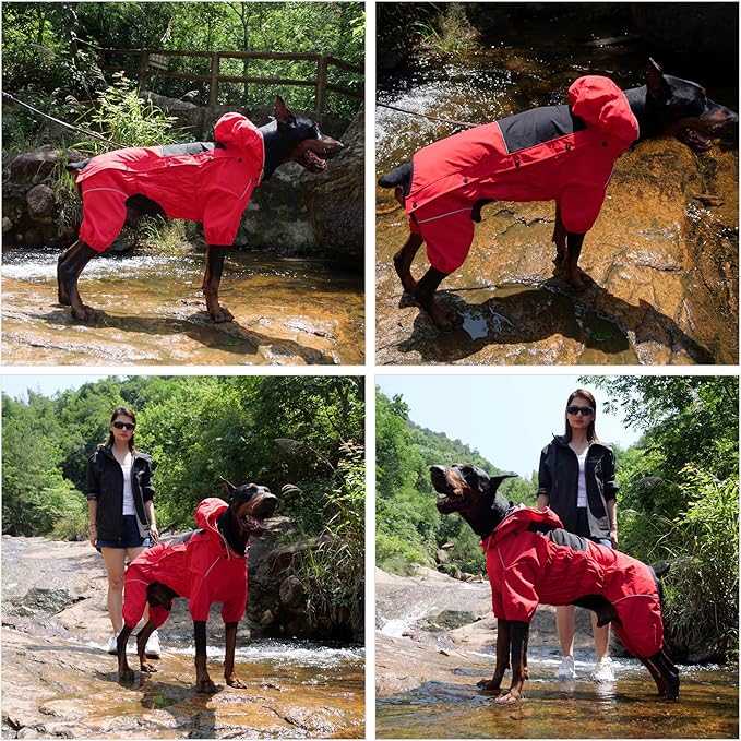 LOVELONGLONG Fleece-Lined Dog Raincoat with Removable Hood – Waterproof Winter Full Body Dog Jacket – Windproof Snowproof Cold-Weather Suit – Red-F XL