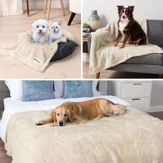 PetAmi Fluffy Waterproof Dog Blanket for Small Medium Dogs, Soft Warm Pet Sherpa Throw Pee Proof Couch Cover, Reversible Cat Puppy Bed Blanket Sofa Protector, Plush Washable Pad (Beige Cream, 24x32)