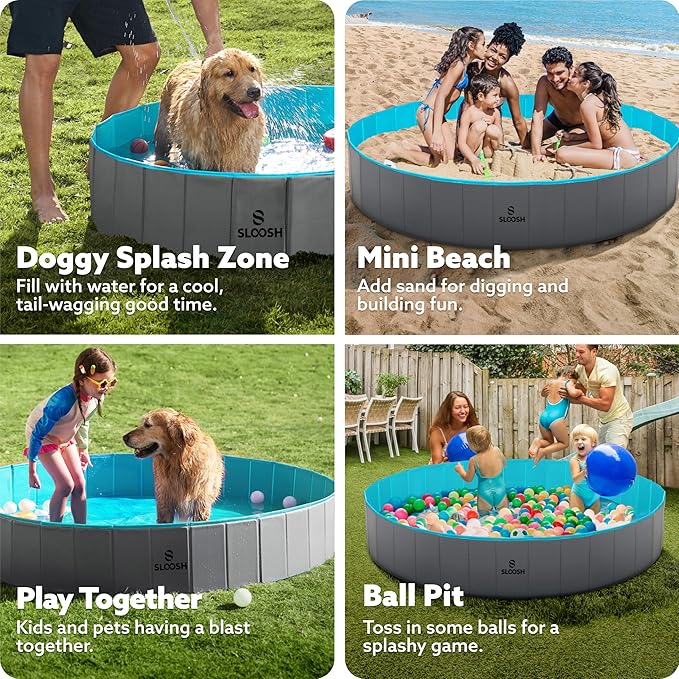 SLOOSH Foldable Dog Kiddie Pool - Portable Hard Plastic Doggie Swimming Pool, Anti-Slip Collapsible Pets Bath Tub Suitable for Kids Toddler Indoor Outdoor Backyard Use (Gray, 71" x 12")