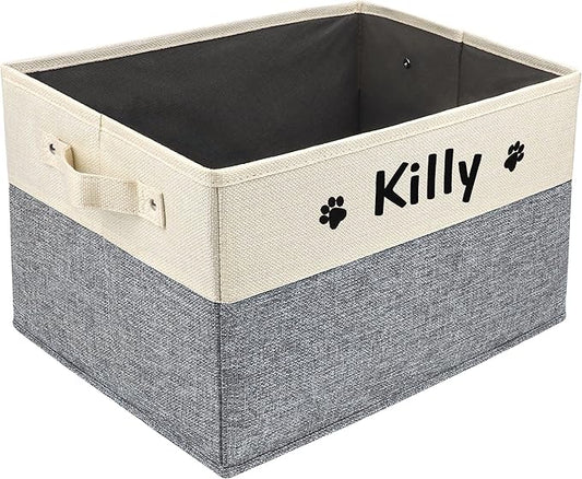 PET ARTIST Personalized Dog Toy Bin for Dog Toys Accessories - Foldable Dog Toy Basket Storage Box for Pet Toys,Dog Coat, Upgrade Grey, M:15''(38cm)*11''(28cm)*9''(23cm)