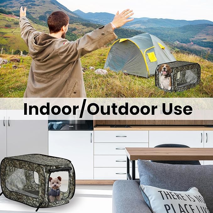 Beatrice Home Fashions Portable, Collapsible, Pop Up Kennel Travel Cat and Dog Crate, 32.5" L x 19.5" W x 19.5" H, Camo Green