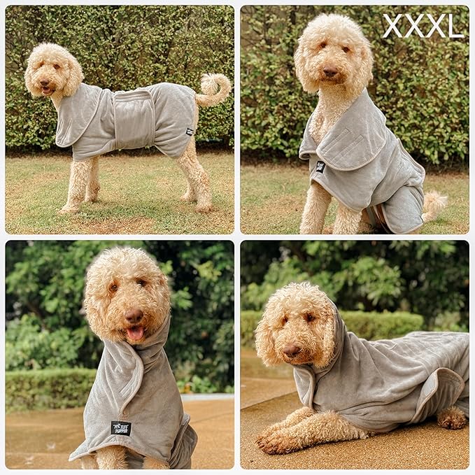 Tuff Pupper Fast Drying Dog Bath Robe | 800 GSM Plush Dog Towel Bathrobe/Dressing Gown | Super Absorbent Pet/Puppy Bathrobe | Adjustable Hood & Belly Strap | Super Soft | Fast Drying (XXXL, Gray)
